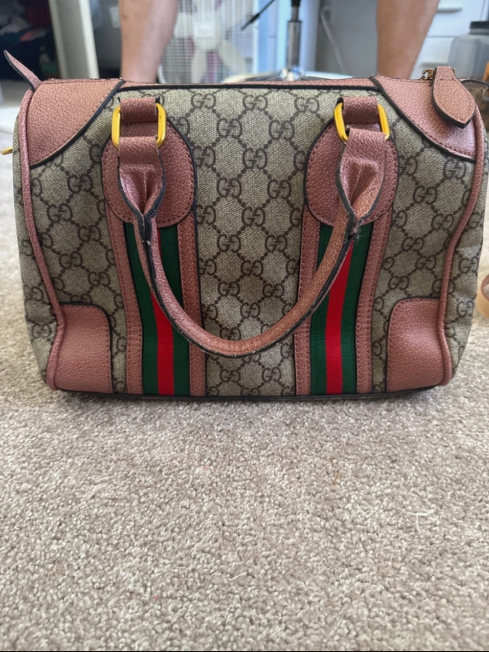 Gucci Brown Monogram Satchel with Pink Trim and Green-Red Web - Picture 3 of 7